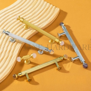 Manijas de cristal para tocador Art Decor: Pomo de cajón transparente, morado y rosa, tirador de gabinete de latón macizo