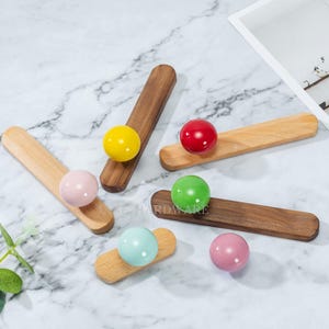 Colorful Candy Ceramic Drawer Knobs, Modern Round Cabinet Pulls, Beech Walnut Wood Base Handles