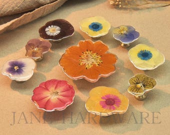 Floral Resin Dresser Knob: Brass Base, Colorful Home Decor