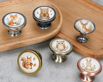 Woodland Animals Theme Drawer Knobs For Kids, Owl  Deer Dresser Pulls, Vintage Cabinet Hardware