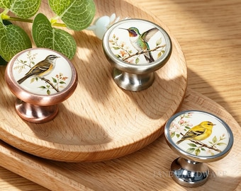 Flower and Bird Drawer Knobs, Handmade Decor Animal  Dresser Pulls, Vintage Furniture Cabinet Hardware