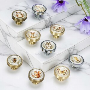May include: A collection of nine round cabinet knobs featuring various animal illustrations including an owl, rabbit, deer, elephant, fox, bee, squirrel, bird, and butterfly. Each knob has a metallic base and a circular top with a printed design.