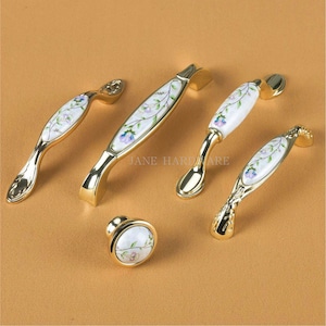 Tirador de cajón de cerámica floral, pomos decorativos para puertas, tiradores de armario de oro pulido, herrajes para muebles