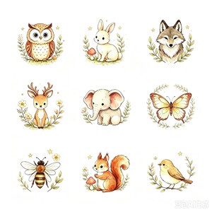 May include: A collection of nine watercolor-style illustrations featuring an owl, a rabbit with a mushroom, a fox, a deer, an elephant, a butterfly, a bee, a squirrel with a mushroom, and a bird, each framed by delicate leaves and small stars.
