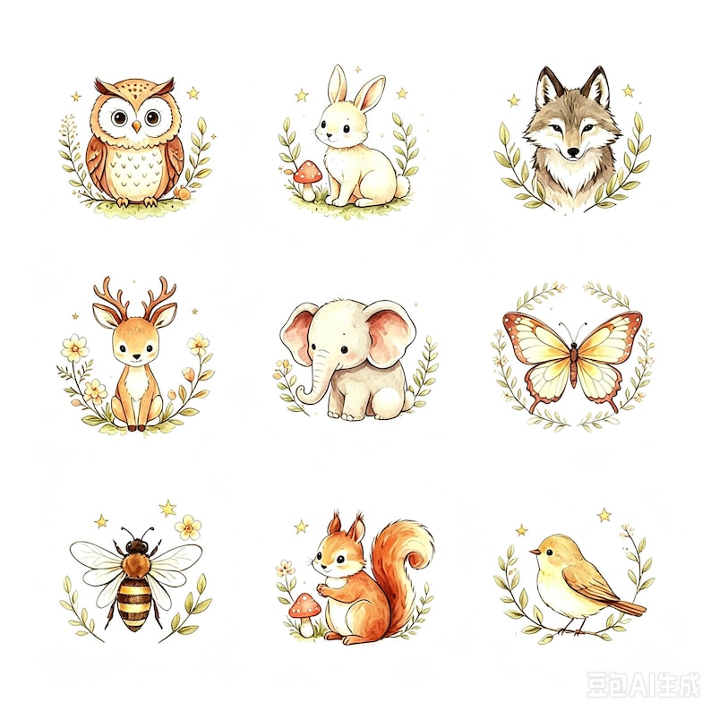 May include: A collection of nine watercolor-style illustrations featuring an owl, a rabbit with a mushroom, a fox, a deer, an elephant, a butterfly, a bee, a squirrel with a mushroom, and a bird, each framed by delicate leaves and small stars.
