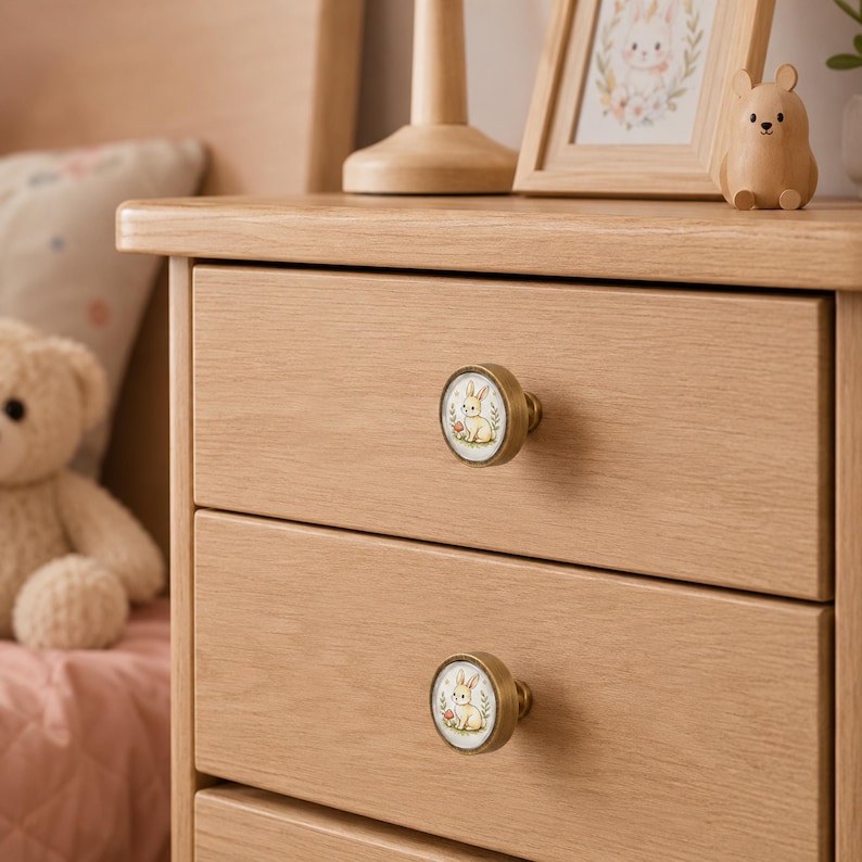 May include: Two round drawer knobs with a brass-toned metal rim and a central circular insert featuring a printed illustration of a small cream-colored rabbit sitting in green grass with tiny flowers, attached to a light-toned wooden dresser drawer.
