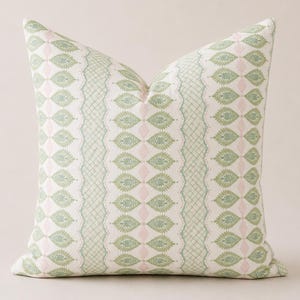 Cottage Floral Pillows, Sage Green Botanical Pink Striped Pillow, Block Print Style Cushion, English Cottage Home Decor, Custom Throw Covers