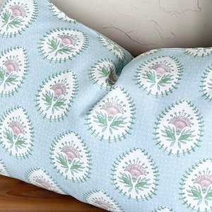 Custom Floral Lotus Block Print Soft Blue Pink Green Decorative Accent Throw Pillow Covers Designer Danika Herrick Lumbar Bolster Pillows