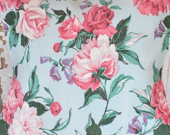 Vintage Floral Pillow Cover ~ Pink Coral & Aqua Blue Roses Barkcloth Fabric ~ Shabby Cottage Chic Home Decor Pillows Covers