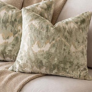Sage Green Shibori Cut Velvet Pillow Cover | Designer Abstract Ikat | Luxe Neutral Accent Cushion