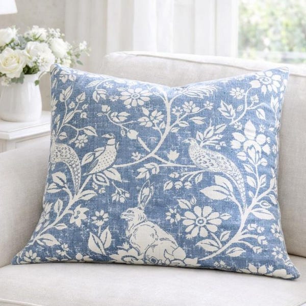 Vintage Blue Toile Woodland Pillow Cover – Rabbit & Bird Floral Vine Linen | Cottage Farmhouse French Country Home Decor