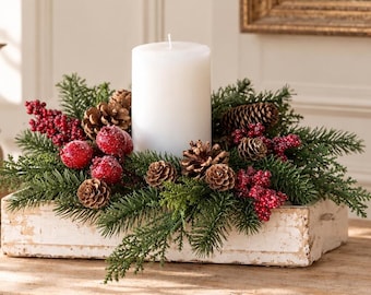 Pine & Cedar Wreath Pinecones Red Berries Evergreen Vintage Christmas Greens Cranberry Candle Ring Cottage Christmas  Holiday Home Decor