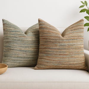Warm Earthy Neutral Textured Striped Multi-Color Pillows | Boho Throw Pillow Covers | Blue Tan Cushion | Custom Sizes Designer Home Decor