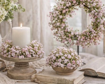 Anello portacandele Blushing Meadow Blooms da 28 cm / Ghirlanda floreale rosa cipria o bianca / Sfera da 18 cm / Decorazione per la casa in stile country vintage
