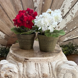 Faux Geranium Flowers Potted Artificial Plants Country Cottage Antique Farmhouse Rustic Vintage Home Decor Greens Greenery