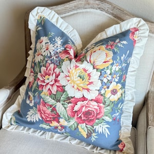 Romantic Designer Ralph Lauren Floral Pattern Ruffled Pillows 20” Pink & Yellow Flowers English Roses Tulips Blue Pillow Covers 20”