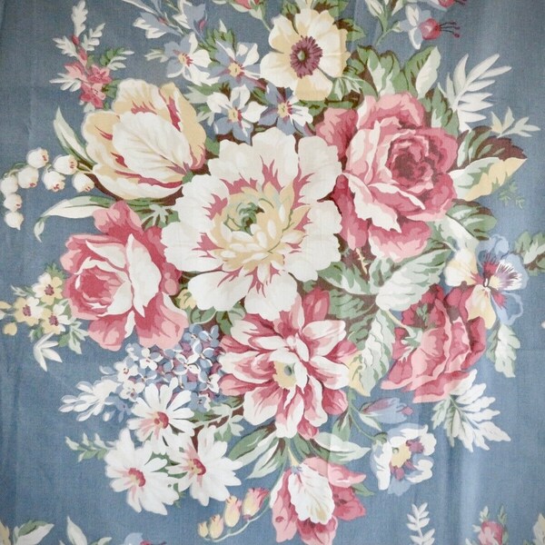 Vintage Ralph Lauren Pink English Cabbage Roses Blue Floral Pattern White Cushion Couch Decorative Throw Pillow Covers