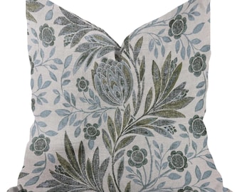 Botanical Leaf Designer Pillow Cover | Custom Handmade Throw Pillow | Soft Green & Blue Floral Neutral Accent