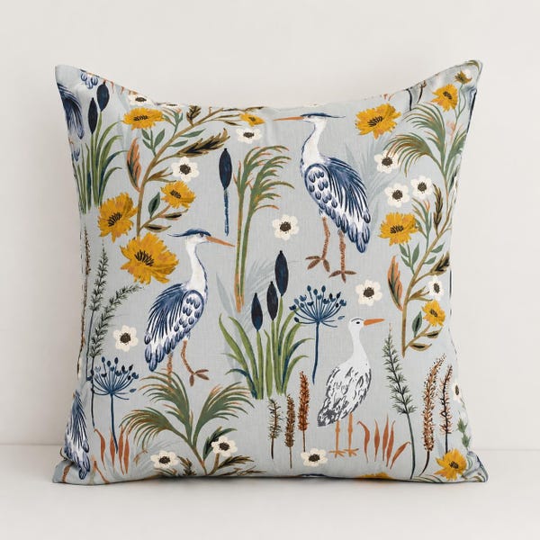 Blue Heron Bird Floral Pillow Cover Cottage Coastal Pillow Crane Botanical Cushion Lake Beach House Home Decor, French Country Pillow Covers