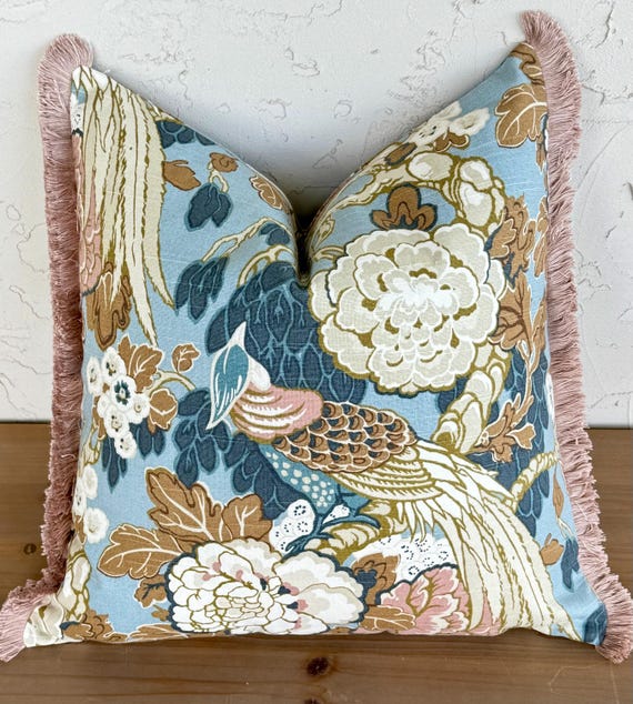 Chinoiserie Lumbar Pillow Cover: Floral Byron Bird Toile, Blush