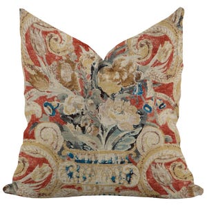 Rustic Beige Floral Scroll Red Gold Blue Decorative Accent Throw Pillows Custom Sizes Lumbar Bolster 18x20x22x24x36” Vintage Home Decor