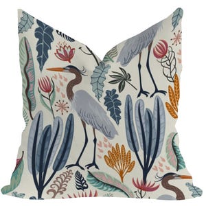 Indoor/Outdoor Floral Cranes Blue Heron Birds Custom Size Decorative Accent Throw Pillows Covers & Cushions Coastal Beach Lake Home Decor