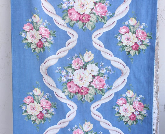 Pink Cabbage Roses Floral Pattern Vintage Blue Barkcloth Etsy