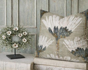 Neutral Floral Designer Pillow Cover | Handcrafted Decorative Throw Pillow | Modern Cottage Linen Pillow | Custom Size Accent Cushion
