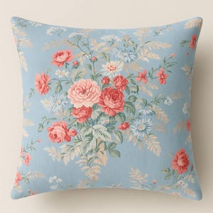 Custom Vintage Ralph Lauren Pillow Covers Floral Pink/Coral Roses Soft Romantic Dusty Blue Pastel Colors English Country Style Home Decor