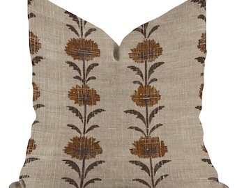 Marigold Floral Block Print Pillow Cover: Mustard Stripe Linen, Vintage Farmhouse Cushion