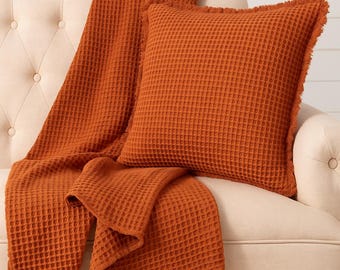 Rustic Burnt Orange Waffle Weave Cozy Textured Waffle Weave Sofa Pillow & Throw Blanket with Fringe
