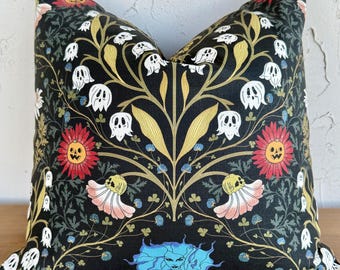 Haunted Garden Pillow Cover | Gothic Halloween Floral Decor | Ghost & Pumpkin Botanical Cushion | 18” Throw Pillow | Dark Cottagecore Style
