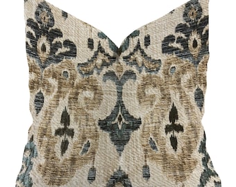Neutral Ikat Linen Pillow Cover | Custom Made Designer Throw Pillow | Farmhouse Cottage Decor | Blue Taupe Cushion