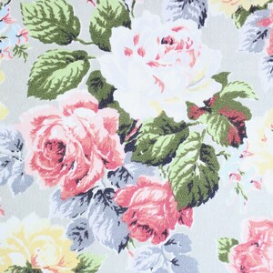 Vintage cotton grey floral pink raspberry yellow white tropical cottage peonies