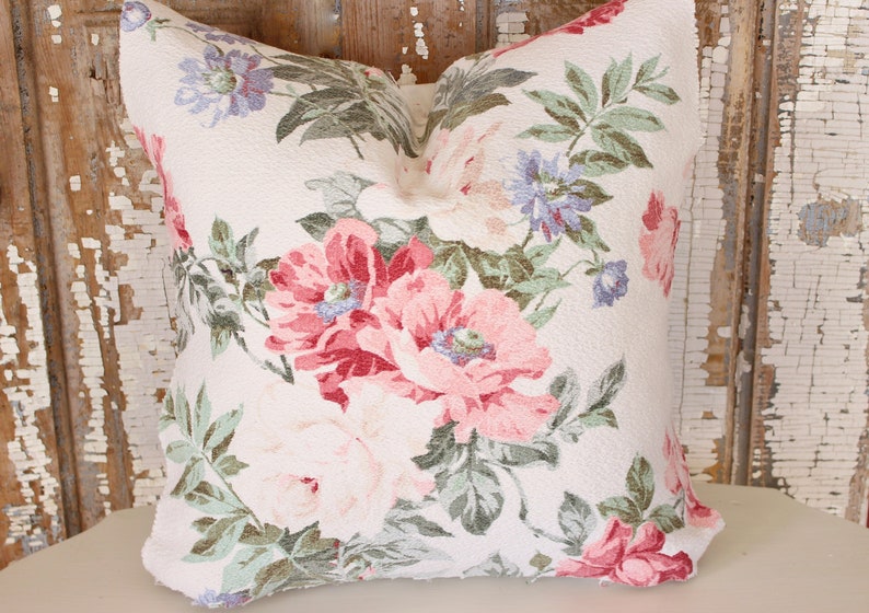 Handmade Vintage Linen Embroidered Pillow Cover Beautiful Roses Cross Stitched Cottage Shabby Chic