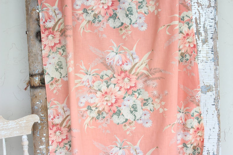 1930s 1940s 30s 40s Vintage Pink Cabbage Rose Floral Coral Drapes Drapery Panel Panels Curtains