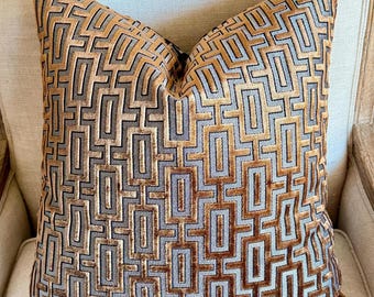Luxurious Bronze Cut Velvet Geometric Decorative Designer Pillow Covers : Modern Contemporary Home Decor