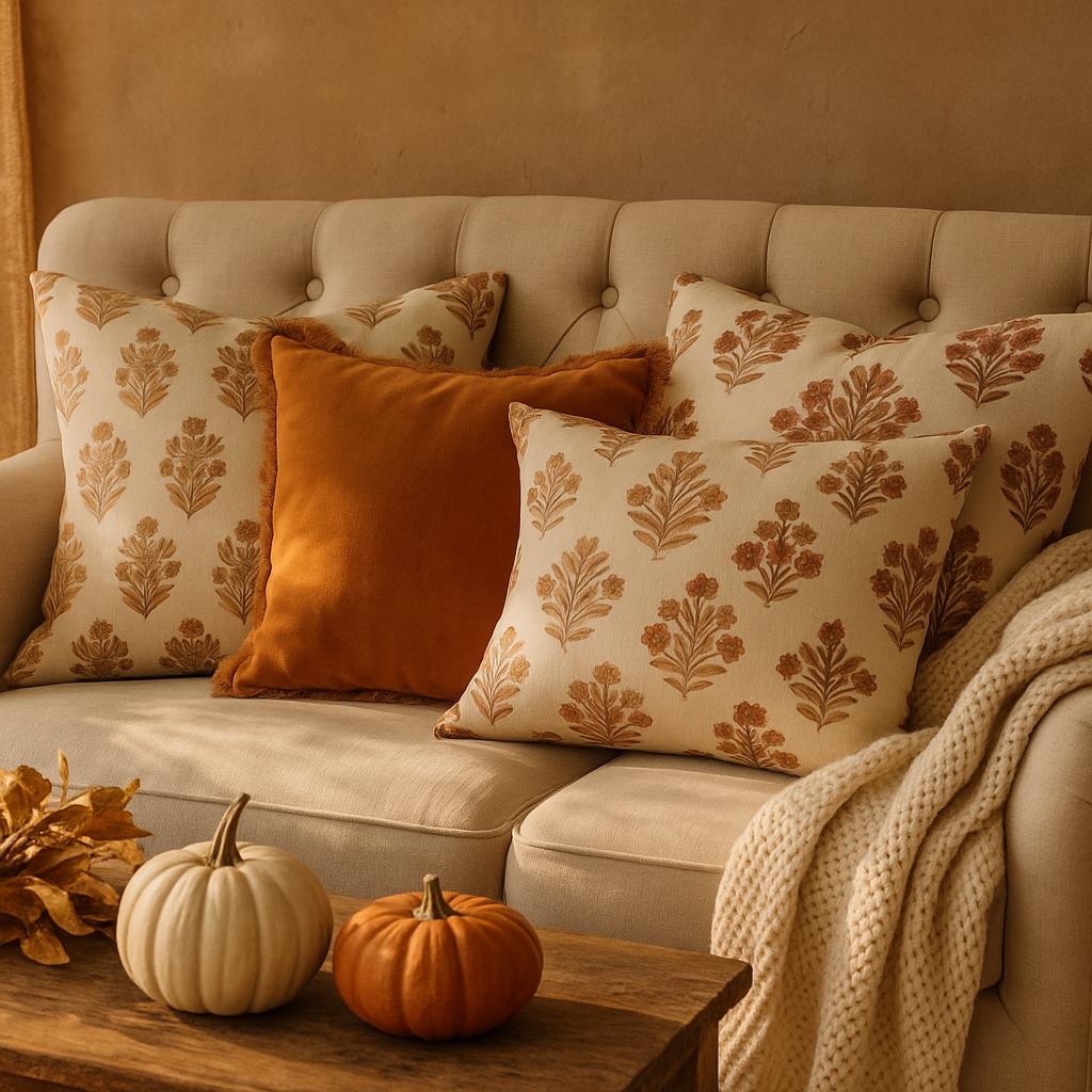 Floral Terracotta Block Print Cushions, Rust Velvet Fringed Pillows, Rustic Fall Throw Pillow Covers, Autumn Boho Neutral Home Decor