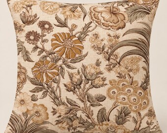 May include: A square throw pillow featuring a beige fabric base with a dense, repeating botanical print. The pattern displays various flowers and foliage in shades of muted brown, tan, and olive green, creating a detailed, textured floral design.