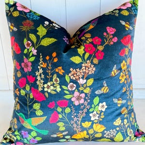 Vibrant Plush Velvet Colorful Botanical Butterfly/Butterflies Hummingbird Floral Wildflowers Pillow 20” Cushion ~ Country Cottage Home Decor