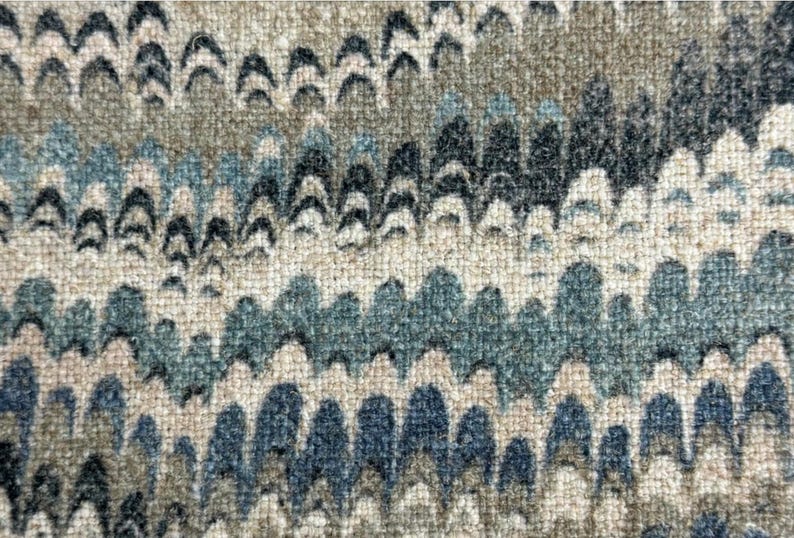 May include: A close-up of a fabric with a wavy pattern in shades of blue, brown, and beige. The fabric has a textured surface and a subtle sheen.