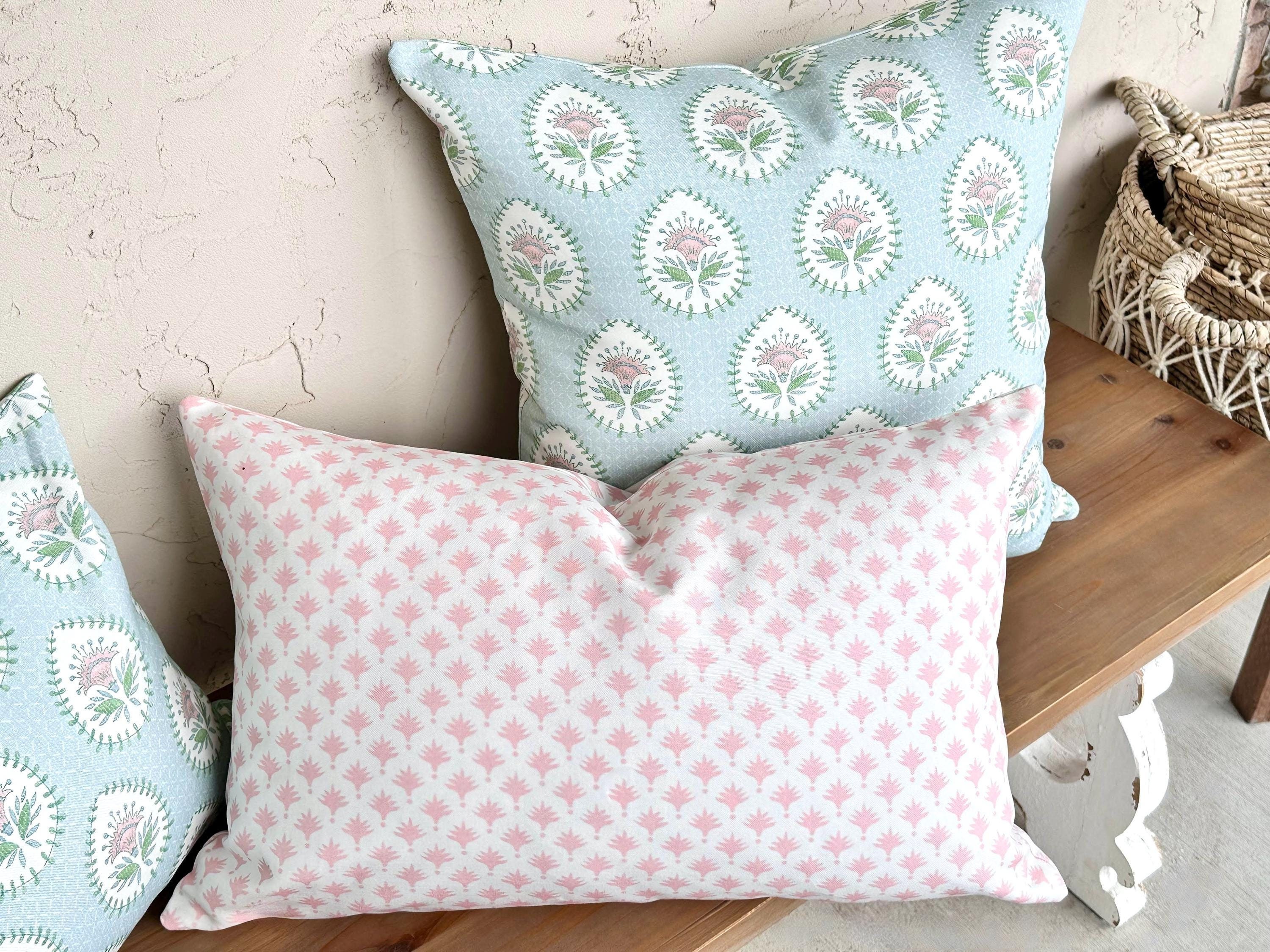 Designer Custom Tiny Palm Pale Pink Blush Floral Block Print Lumbar Bolster Pillow