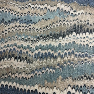 May include: A close-up of a fabric with a wavy pattern in shades of blue, brown, and white.
