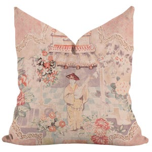 Blush Floral Pagoda Asian Chinoiserie Toile Custom Pillow 20x20x14” Lumbar Oriental Home Decor Decorative Accent Throw Pillows Covers