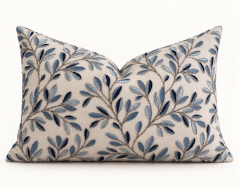 Embroidered Botanical Floral Pillows | Blue Leaf Vine Lumbar Cushion | Neutral Textured Linen Throw Pillow Covers | Cottage Home Decor
