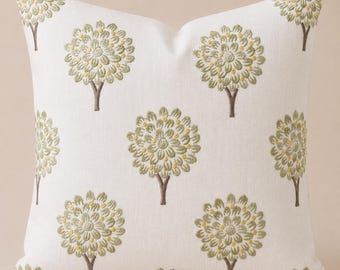 Embroidered Floral Tree Pillow Cover, English Cottage Decor, French Country Cushion, Botanical Topiary Accent, Garden Inspired Throw Cushion