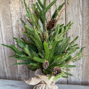 May include: A small, artificial Christmas tree with green needles, brown pinecones, and sprigs of dried flowers. The tree is wrapped in a burlap sack tied with twine, creating a rustic, natural aesthetic. The tree is a decorative item.