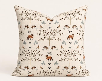 Embroidered Autumn Red Fox Botanical Pillow Cover  Designer Woodland Forest Decorative Accent Throw Cushion | Rustic Cottage Fall Home Decor