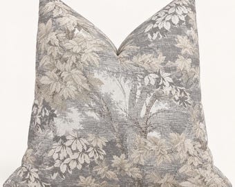Gray Botanical Pillow Cover, Ivory Woodland Tree Print, Neutral Taupe Beige Lumbar Cushion, English Cottage Home Decor