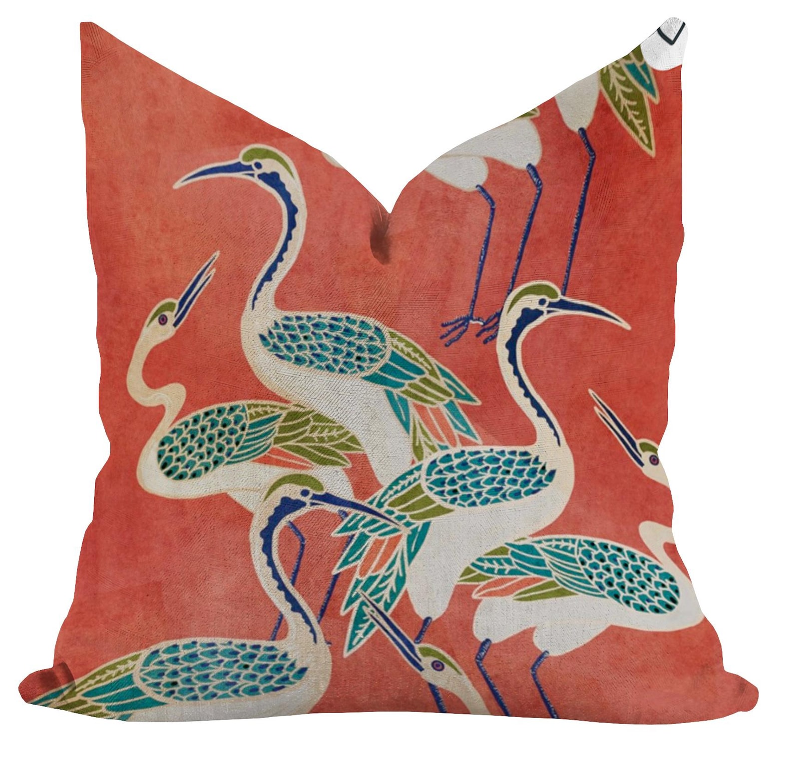 Art Deco Crane Throw Pillow Cover: Coral Blue Indoor/Outdoor - 22”, Mango